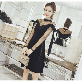 Dotted Lace Panel Long Sleeve Velvet Dress