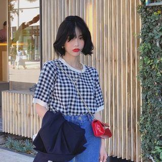Plaid Short-sleeve Knit Top