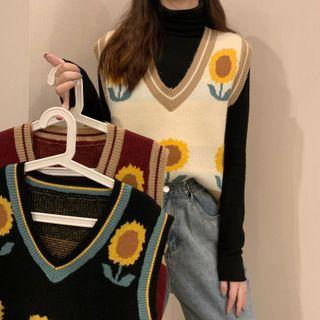 V-neck Sun Flower Knitted Vest