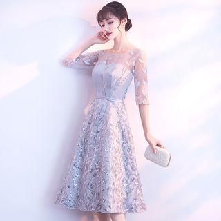 Elbow-sleeve Sheer A-line Midi Cocktail Dress