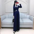 Crane Embroidered Long-sleeve Wide-leg Jumpsuit