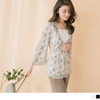 Long Sleeve Mock Two Piece Floral Print Tunic