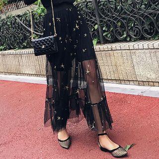 Embroidered High Waist Mesh Skirt