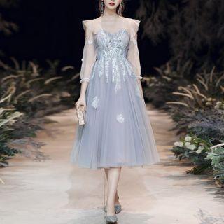 Puff-sleeve Mesh A-line Evening Dress / Gown