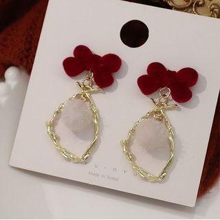 Bow Drop Earring Silver Needle Earring - Dark Red Bow & Gold Ring - White - One Size
