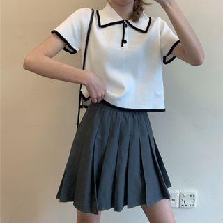 Contrast Trim Short-sleeve Knit Cropped Polo Shirt