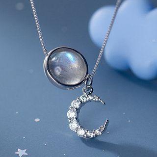 Rhinestone Crescent & Unicorn Necklace S925 Silver - As Shown In Figure - One Size