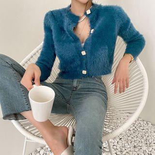 Square-button Furry Cardigan