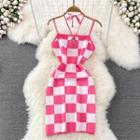 Checkerboard Halter Knit Sheath Dress
