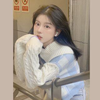 Wide Collar Gingham Panel Cardigan Sweater - One Size