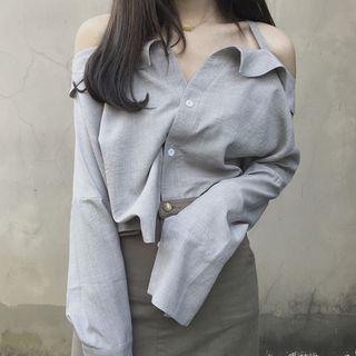 Off-shoulder Long-sleeve Top Gray - One Size