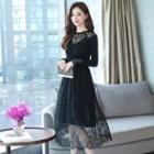 Long-sleeve Knit Panel A-line Midi Lace Dress
