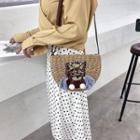 Cat Embroidered Straw Crossbody Bag