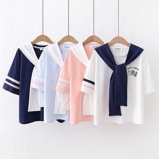 Short-sleeve Scarfed Embroidered T-shirt
