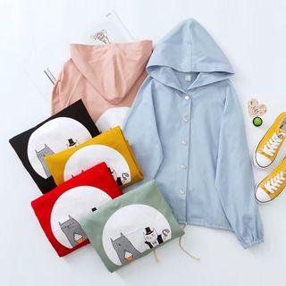Cat Print Snap Button Hooded Jacket