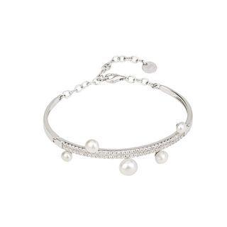 925 Sterling Silver Fashion And Elegant Geometric White Freshwater Pearl Bangle With Cubic Zirconia Silver - One Size