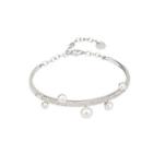 925 Sterling Silver Fashion And Elegant Geometric White Freshwater Pearl Bangle With Cubic Zirconia Silver - One Size