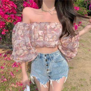 Off-shoulder Floral Chiffon Crop Top