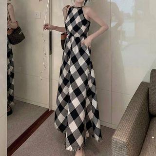 Sleeveless Check Maxi Dress Black & White - One Size