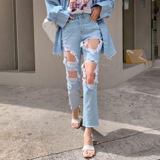 Fringed Cutout Straight-cut Jeans