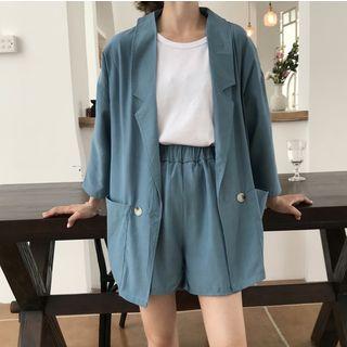 Set: Plain Double-breasted Blazer + High-waist Wide-leg Shorts