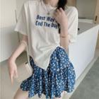 Asymmetric Lettering Crop T-shirt / Floral Chiffon Mini Skirt
