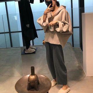 Set: Plain V-neck Hoodie + Plain Wide-leg Pants