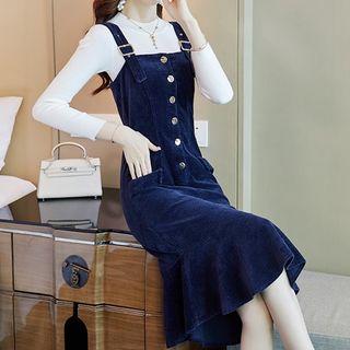Set: Plain Knit Top + Ruffle Hem Jumper Dress