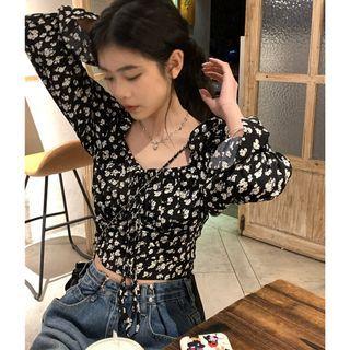Bell-sleeve Floral Blouse White Floral - Black - One Size
