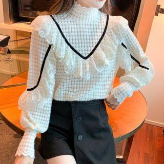 Lantern-sleeve Turtleneck Lace Ruffled Top