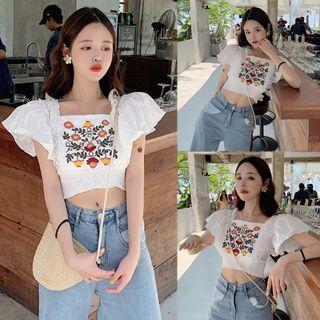 Flower Embroidered Short-sleeve Crop Top White - One Size