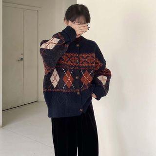 Argyle Cardigan Dark Blue & Brown - One Size