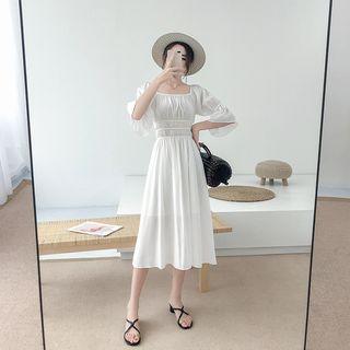 Off-shoulder Bell-sleeve Gathered-waist Dress