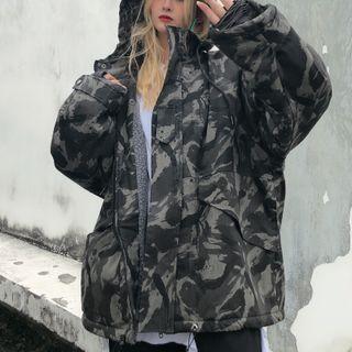 Camo Hooded Fleece-lined Zip-up Jacket Camouflage Gray - One Size