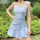 Gingham Spaghetti-strap Ruffle Hem Mini A-line Dress
