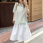 Elbow-sleeve Plaid Blouse / Lace Vest / Midi A-line Skirt
