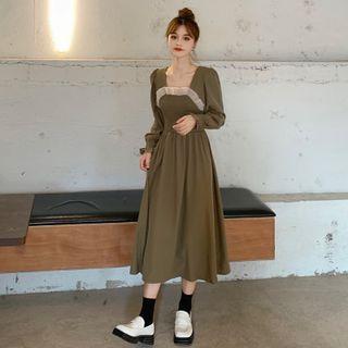 Long-sleeve Frill Trim Lace Panel Midi A-line Dress