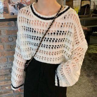 Long-sleeve Perforated Knit Cover-up White - One Size