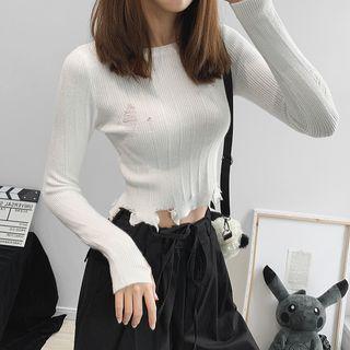 Thumb-hole Distressed Crop Knit Top