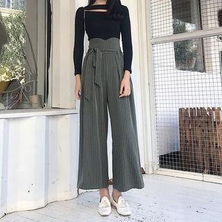 Long-sleeve Cutout Knit Top / Striped Wide-leg Pants