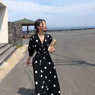 3/4-sleeve Dotted Midi A-line Dress / Undershorts