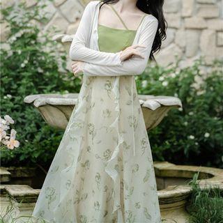 Set: Asymmetrical Spaghetti Strap Floral Print Midi Dress + Cardigan
