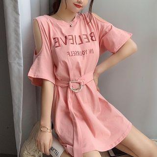 Elbow-sleeve Cold Shoulder Letter Print T-shirt Dress