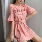 Elbow-sleeve Cold Shoulder Letter Print T-shirt Dress