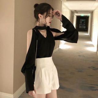 Plain Off-shoulder Long-sleeve Loose-fit Blouse / Plain Shorts