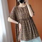 Floral Short-sleeve Blouse Coffee - One Size