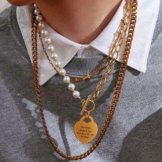 Heart Pendant Multistrand Necklace Set Of 3 - Gold - One Size