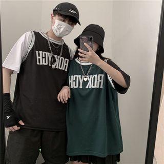 Couple Matching Sleeveless Contrast Trim Letter T-shirt