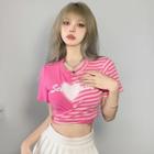 Striped Panel Heart Print Cropped T-shirt
