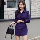 Collared Long-sleeve Mini Sheath Dress Purple - One Size